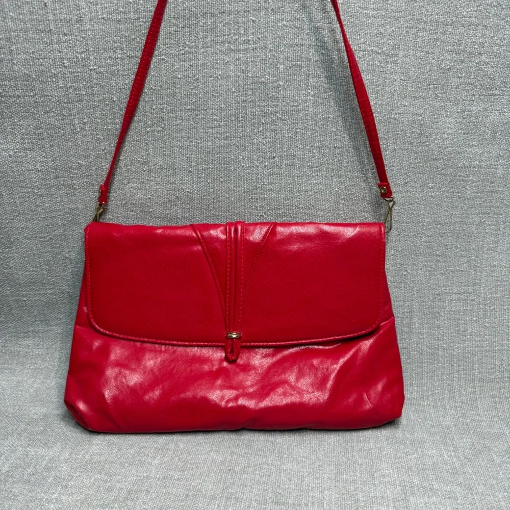Vintage MCI Red Faux Leather Shoulder Bag Purse Clutch Handbag Y2K Retro 80s 90s